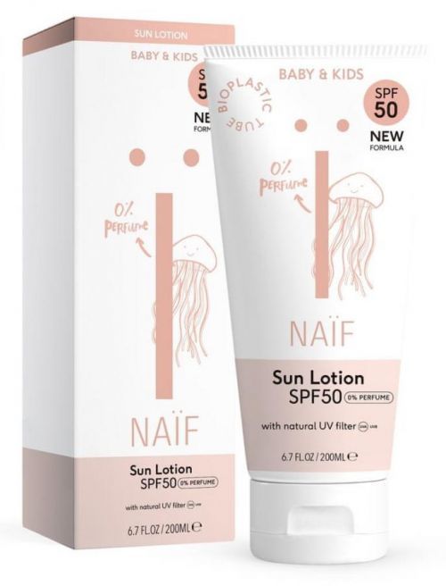 NAIF Ochranné mléko na opalování SPF 50 bez parfemace pro děti a miminka 200 ml