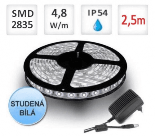 LED21 SADA LED pásek 2,5m 4,8W/m 60ks/m 2835 voděodolný Studená bílá+ Zdroj