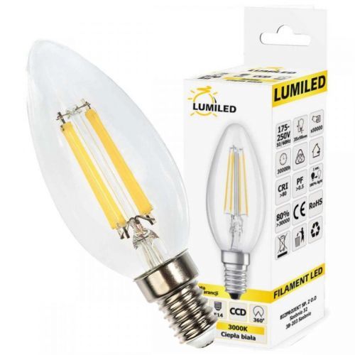 LED žárovka LED E14 B35 7W = 65W 770lm 3000K Teplá bílá 360° Filament LUMILED