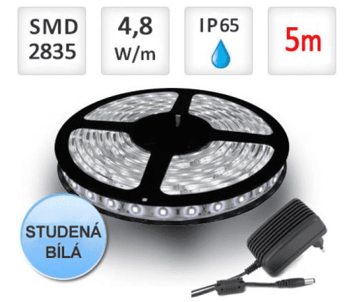 LED21 SADA LED pásek 5m 4,8W/m 60ks/m 2835 voděodolný Studená bílá + Zdroj