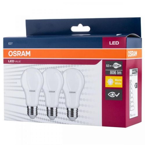 3PAK LED žárovka LED A60 E27 8,5W = 60W 806lm 2700K Teplá bílá OSRAM Value OSRVALU0505