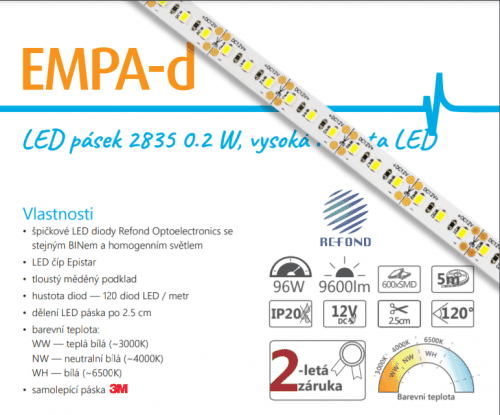 Epiled LED pásek 12V DC PROFI 5m 19,2W/m 120ks/m 2835 TEPLÁ BÍLÁ
