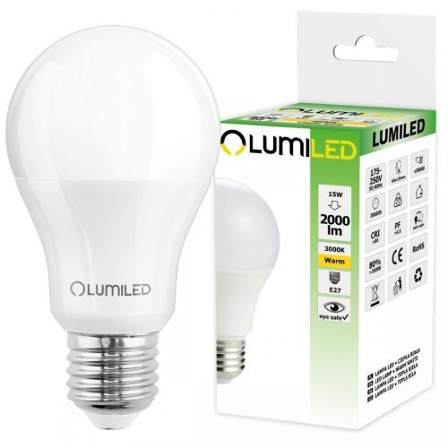 LED žárovka LED E27 A65 15W = 150W 2000lm 3000K Teplá bílá 260° LUMILED