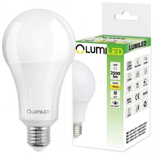 LED žárovka LED E27 A80 18W = 180W 2500lm 3000K Teplá bílá 260° LUMILED