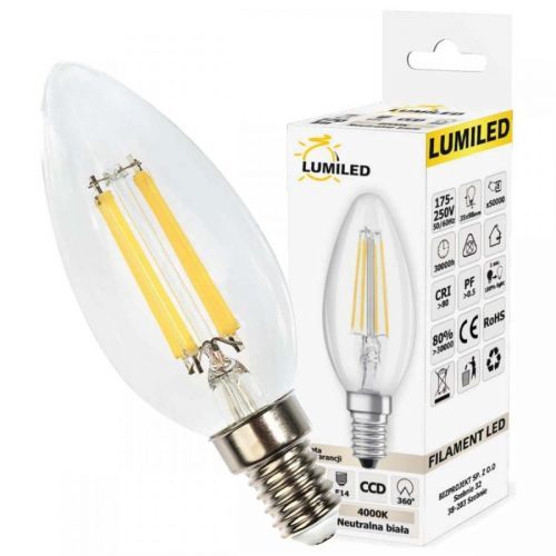 LED žárovka LED E14 B35 7W = 65W 770lm 4000K Neutrální bílá 360° Filament LUMILED