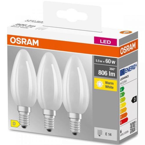 3PAK LED žárovka LED E14 B35 5,5W = 60W 806lm 2700K Teplá bílá 300° Filament OSRAM BASE OSRLEDW3522