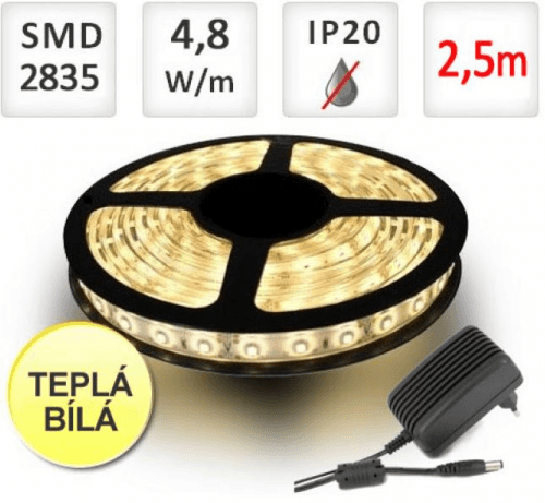 LED21 SADA LED pásek 2,5m 4,8W/m 60ks/m 2835 Teplá Bílá + Zdroj