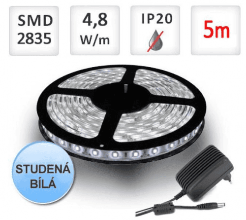 LED21 SADA LED pásek 5m 4,8W/m 60ks/m 2835 Studená bílá + Zdroj