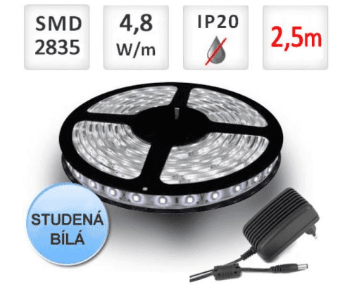 LED21 SADA LED pásek 2,5m 4,8W/m 60ks/m 2835 Studená bílá + Zdroj