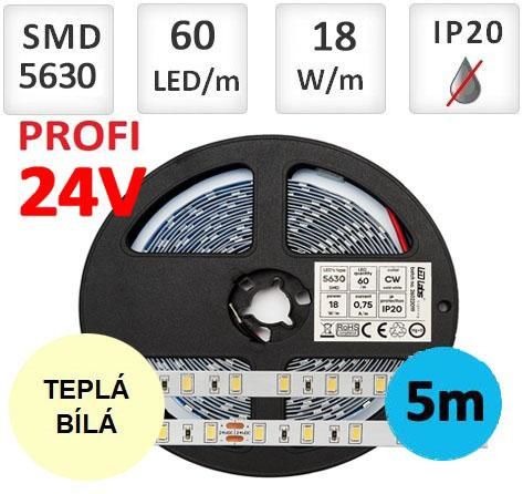 LED21 LED pásek 24V PROFI 5m 18W/m 60ks/m 5630 TEPLÁ BÍLÁ