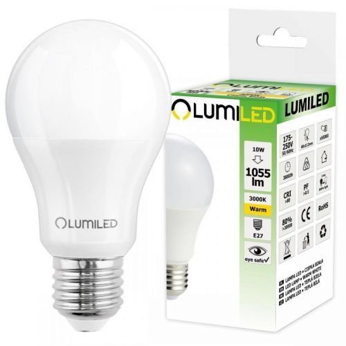 LED žárovka LED E27 A60 10W = 95W 1055lm 3000K Teplá bílá 260° LUMILED