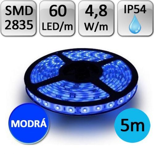 Optonica LED pásek 5m 4,8W/m 60ks/m 2835 MODRÝ voděodolný