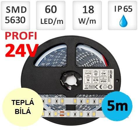 LED21 LED pásek 24V PROFI 5m 18W/m 60ks/m 5630 voděodolný TEPLÁ BÍLÁ