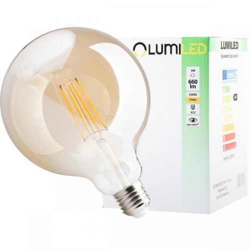 LED žárovka LED E27 G125 6W = 50W 660lm 2200K Teplá bílá 360° Filament LUMILED Amber
