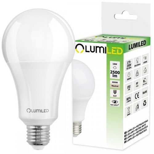 LED žárovka LED E27 A80 18W = 180W 2500lm 4000K Neutrální bílá 260° LUMILED