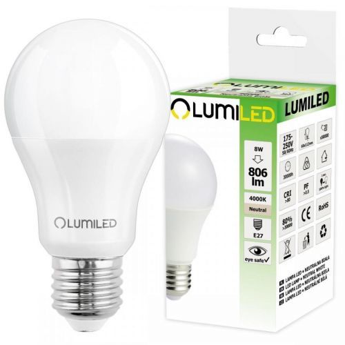 LED žárovka LED E27 A60 8W = 60W 806lm 4000K Neutrální bílá 260° LUMILED