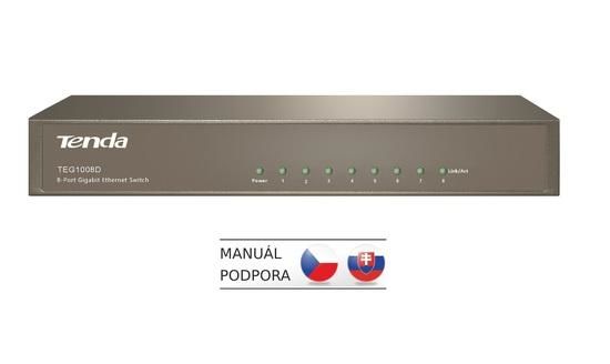 Tenda TEG1008D 8-port Gigabit Switch, 8x 10/100/1000 Mb/s, Fanless-bez ventilátorů, Kov, 9K Jumbo, TEG1008D