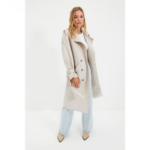 Trendyol Beige Belted Windbreaker Detailed Water Repellent Long Trench Coat
