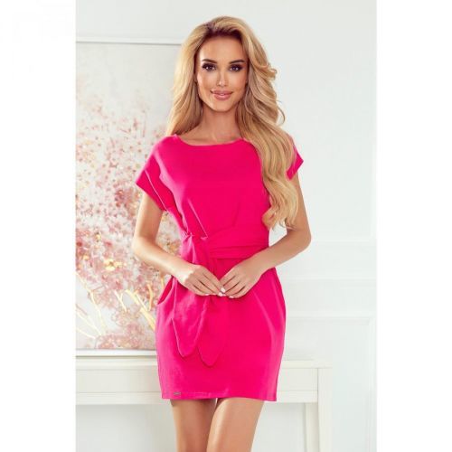 370-1 Dress with short sleeves and a wide tied belt - PINK