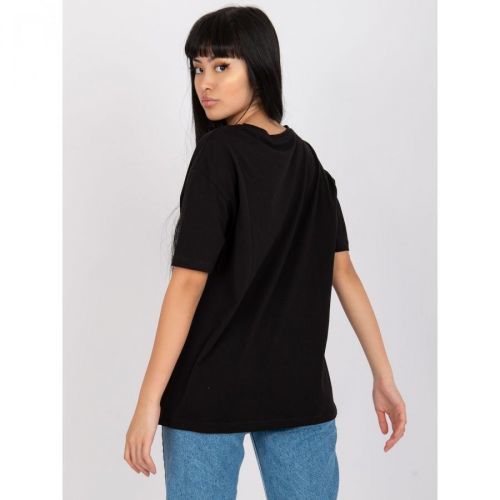 Black, loose-fitting cotton t-shirt with an applique