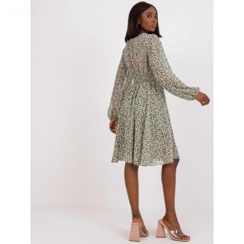 Khaki-beige flared midi dress with ZULUNA prints