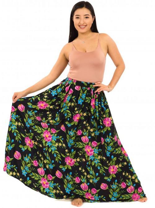 Himalife Maxi sukně s kapsami Luční květy - černá s barvami Velikost: S/M