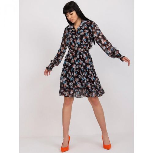 Women's black mini dress with a floral print and a frill