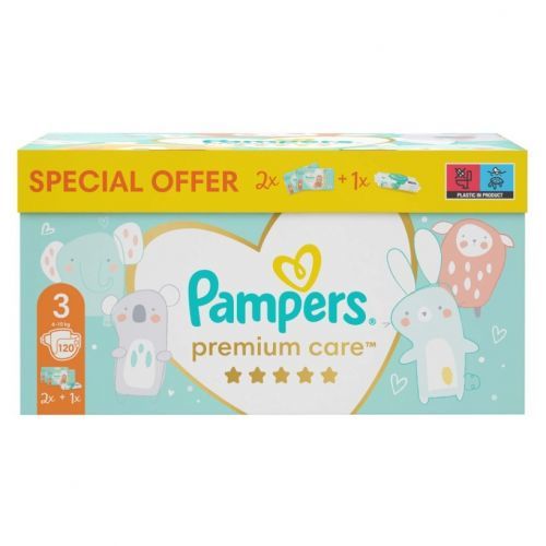 PAMPERS BOX Premium Care pleny 2 x S3 6-10 kg 120 ks + vlhčené ubrousky Pampers Aqua Pure