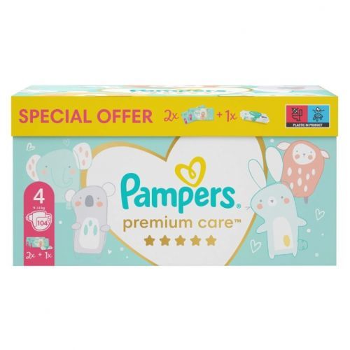 PAMPERS BOX Premium Care pleny 2 x S4 9-14 kg 104 ks + vlhčené ubrousky Pampers Aqua Pure