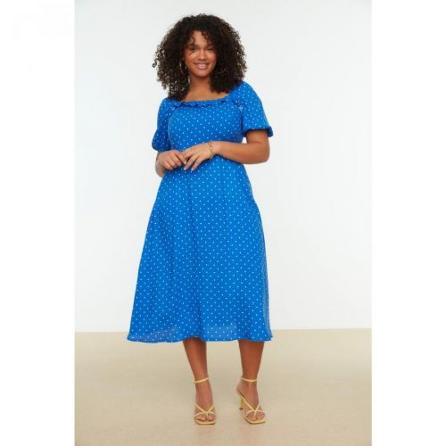 Trendyol Curve Blue Polka Dot Patterned Woven Dress