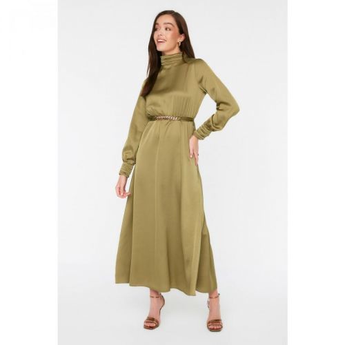 Trendyol Green Belted Collar and Cuff Draped Detailed Woven Dress