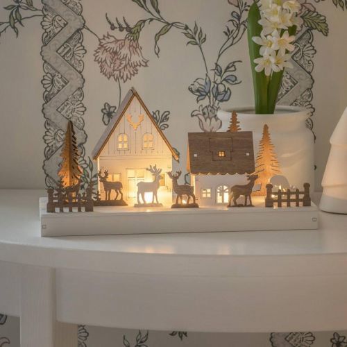 Konstsmide Christmas LED silueta Lesní domy se soby, dřevo, L: 28 cm, K: 14cm