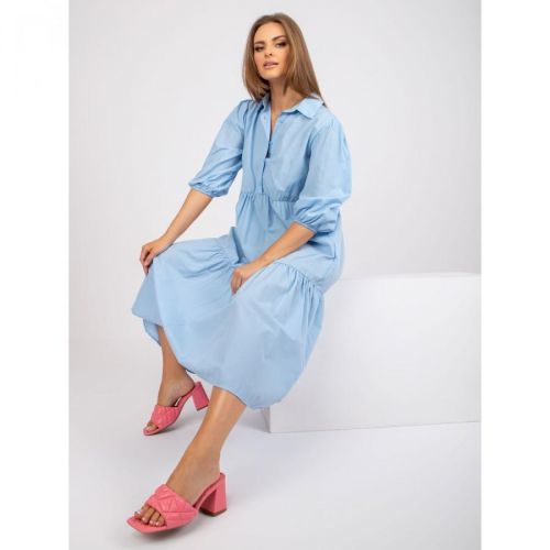 RUE PARIS light blue cotton midi dress with a frill