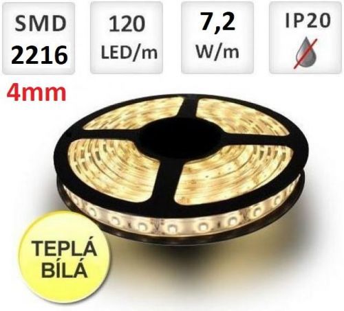 LED21 LED pásek 5m 120ks/m 2216 7,2W/m , ultratenký, Teplá bílá