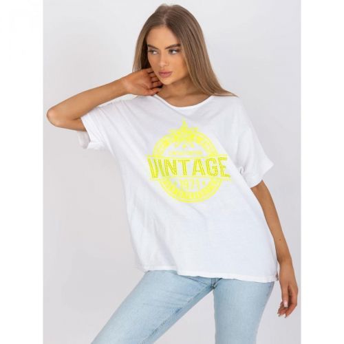 White and yellow women's t-shirt with an application and a print