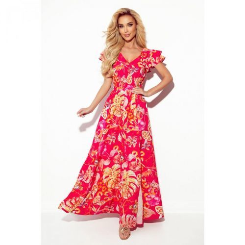 310-4 LIDIA long dress with a neckline and frills - PINK WITH FLOWERS