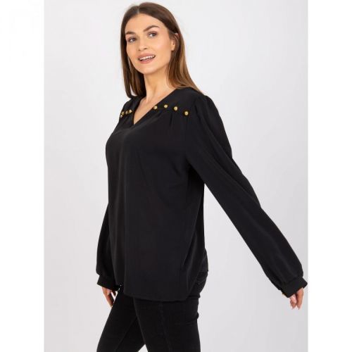 Black, loose-fitting V-neck blouse