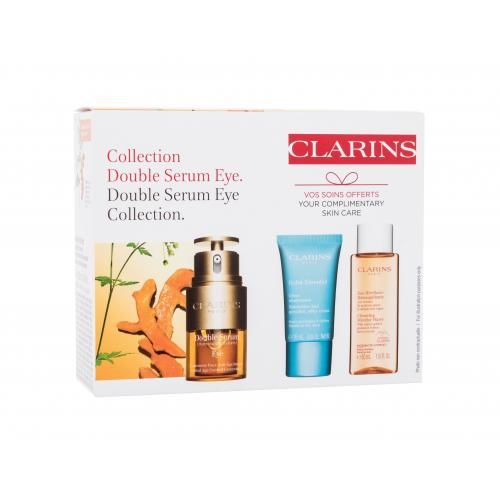 Clarins Double Serum Eye Collection dárková kazeta proti vráskám pro ženy oční sérum Double Serum Eye 20 ml + denní pleťový krém Hydra-Essentiel 15 ml + micelární voda Cleansing Micellar Water 50 ml