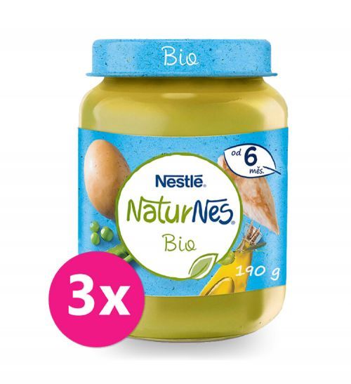 3x NESTLÉ NaturNes BIO dětský příkrm hrášek s brambory a kuřecím masem 190 g, 6+