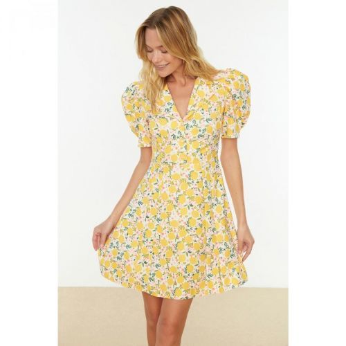 Trendyol Yellow Patterned Balloon Sleeve Dress
