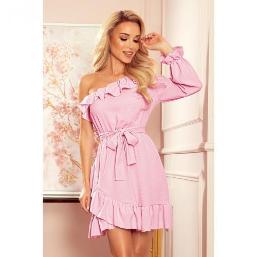 366-3 One shoulder dress with frills and binding - DIRTY PINK