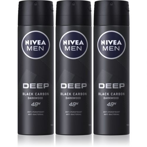 Nivea Men Deep Black Carbon Darkwood antiperspirant ve spreji 3 x 150 ml (výhodné balení) pro muže