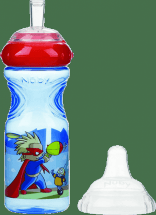 NUBY Netekoucí láhev se silikonovým pítkem 300 ml, 9 m+, modrá s červeným víčkem – superhrdina