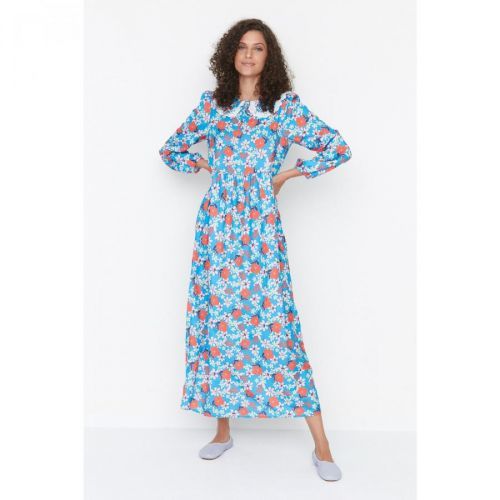 Trendyol Blue Baby Collar Floral Patterned Woven Dress