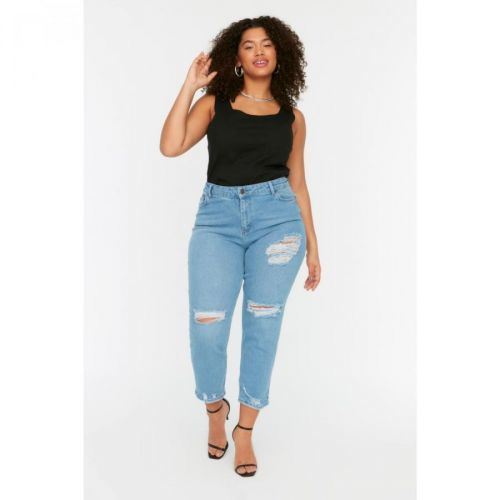 Trendyol Curve Blue Ripped Detailed High Waist Slim Fit Jeans