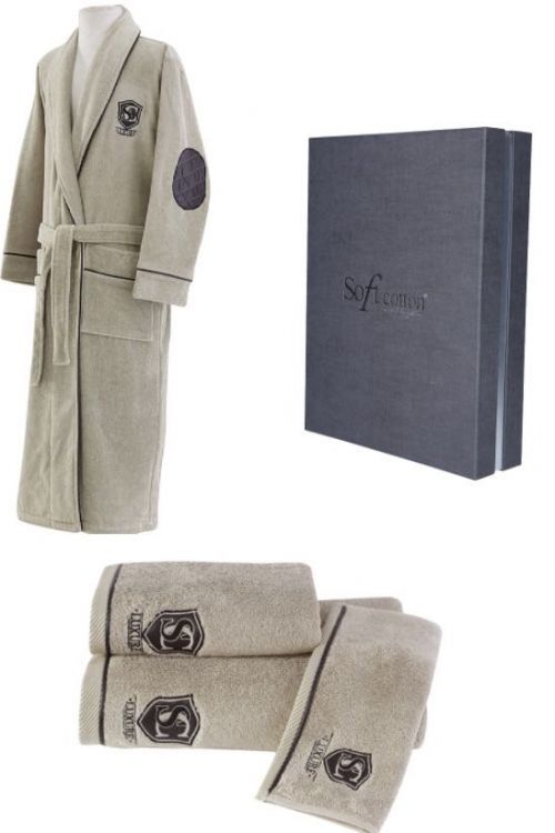 Soft Cotton Dárkové balení županu, ručníku a osušky LUXURY Béžová L + ručník + osuška +  box
