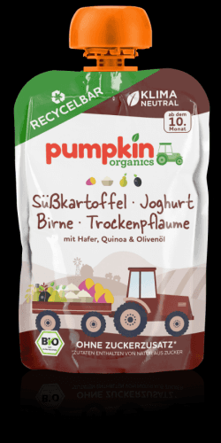 pumpkin organics BIO Zeleninové pyré ze sladkých brambor s jogurtem, sušenými švestkami, oves 10.měsíc 100 g
