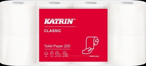 Toaletní papír Katrin 2vrs bílý 23,4m 200útržků 8ks / prodej pouze po balení