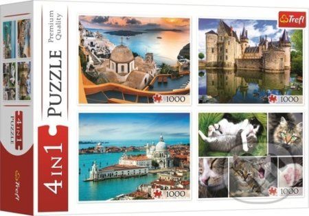 Puzzle Santorini, Benátky, Zámek Sully-sur-Loire a Kočky - Trefl