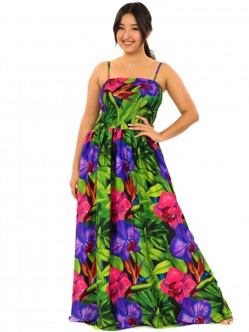 Himalife Dlouhé šaty s kapsami Orchidea - zelená s fialovou Velikost: S/M
